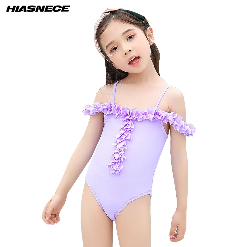 

Girls Lovely One Piece Swimsuit Solid Sleeveless with floral off shoulder Children Kids 2018 Newest Bathing Suits Beach Swimwear