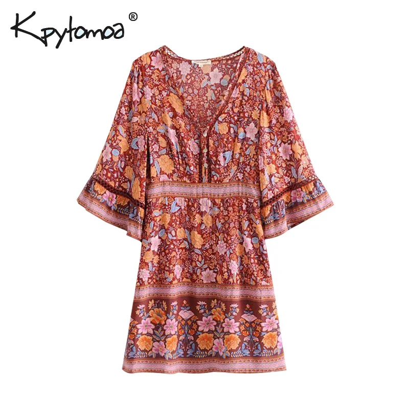 

Boho Chic Summer Vintage Floral Print Patchwork Mini Dress Women 2019 Fashion V Neck Kimono Sleeve Beach Dresses Femme Vestidos