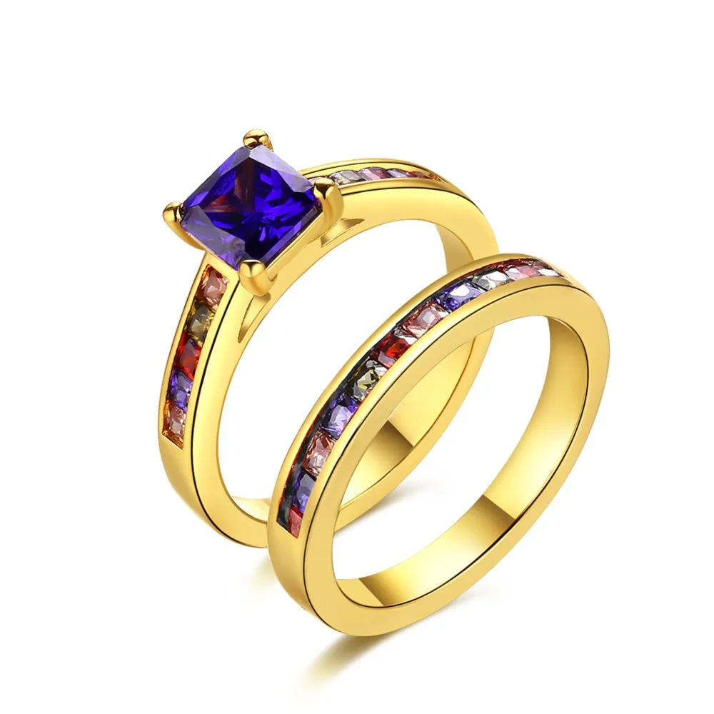 

Hemiston Austrian Crystal Stellux Gold Color Flower Pattern Love Women Lady Cute Round Multicolor Two Ring Fashion Jewelry