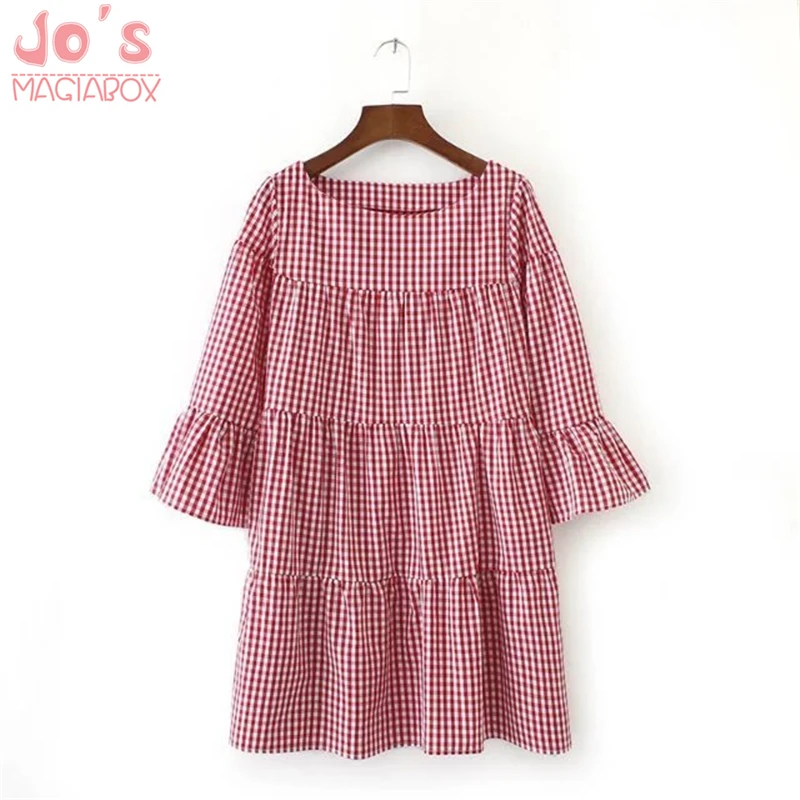 

Women Kawaii Lolita Dress Loose Plaid Preppy Style Lovely Dresses O-Neck Flare Sleeve Women 2019 Summer New Cute Dresses