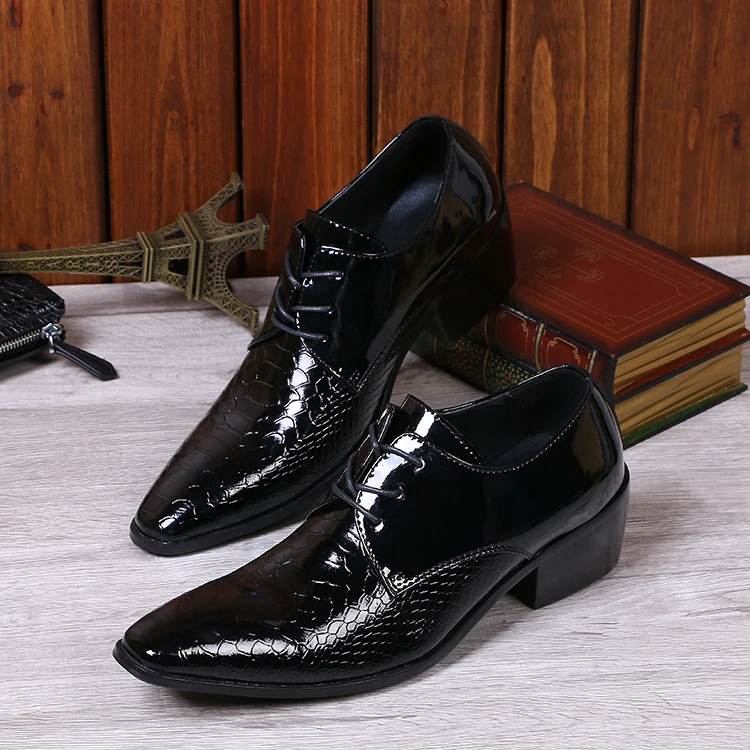 

Zapatos hombre mens shoes high heels pointy wedding shoes black genuine leather formal shoes men snake skin fashion loafers