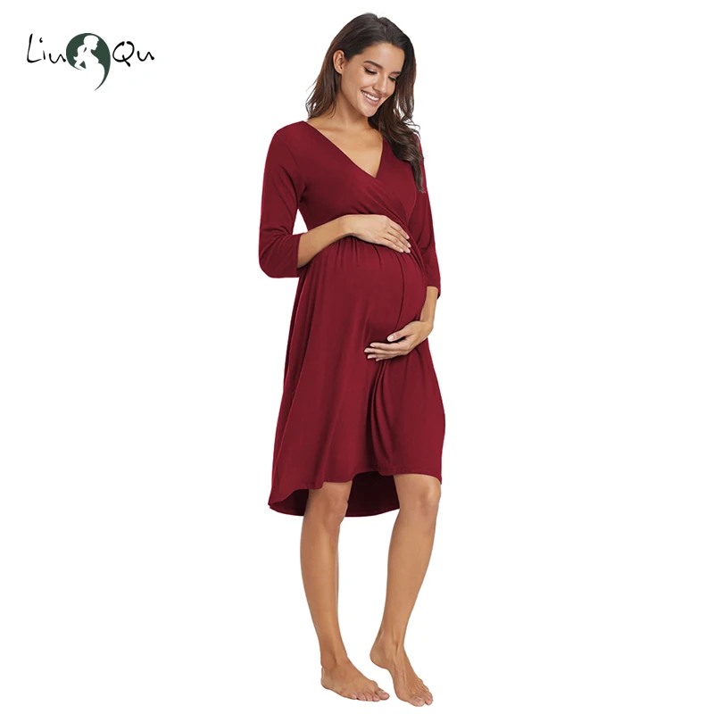 Для беременных женщин и молодых матерей одежда для сна платье 3 четверти рукав для беременных ночное белье спереди плиссированные крест Асимметричные пижамы беременность женская одежда