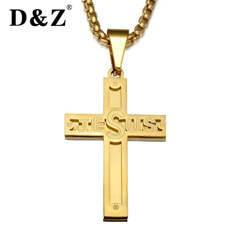D&Z Trendy Gold Color Jesus Cross Pendant Necklace Stainless Steel