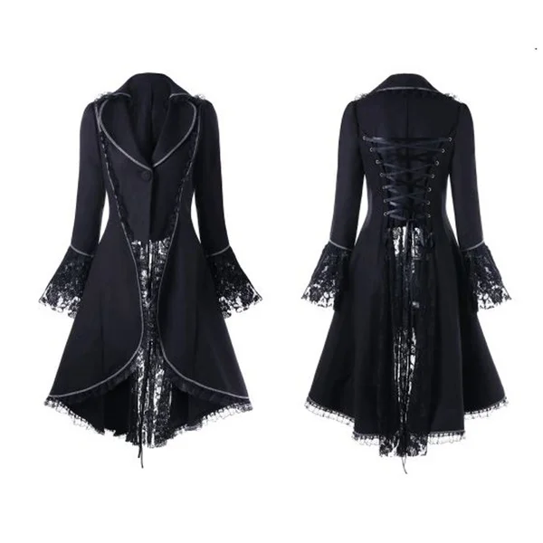 Women Lace Trim Lace-up High Low Coat Black Steampunk Victorian Style Gothic Jacket Medieval Noble Court Dress S-3XL