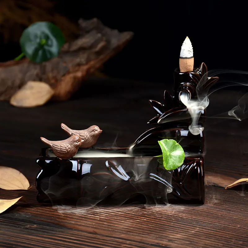 KEYBOX Waterfall Bird Little Monk Back Flow Incense Burner Censer