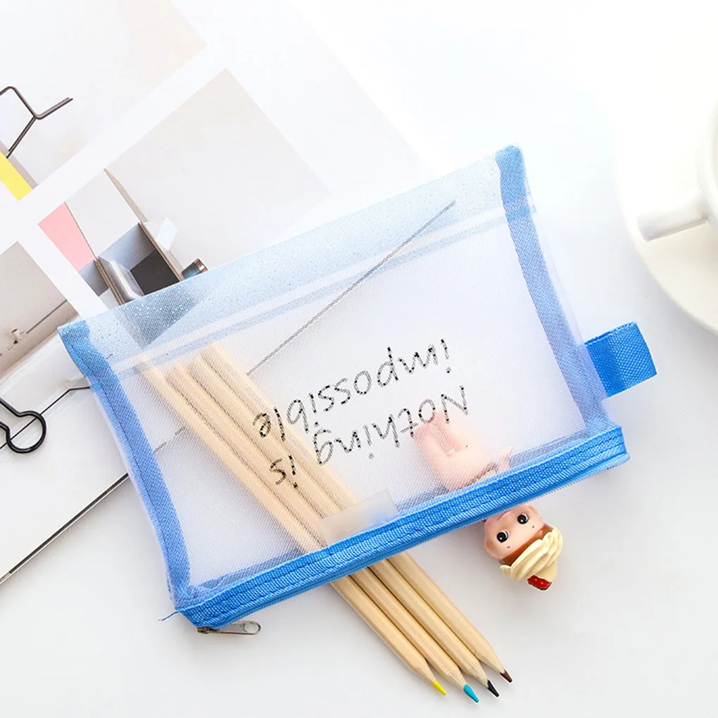 

English Letters Pattern Net Stationery bag Pen Storage Pouch Transparent Zippered Pencil Case