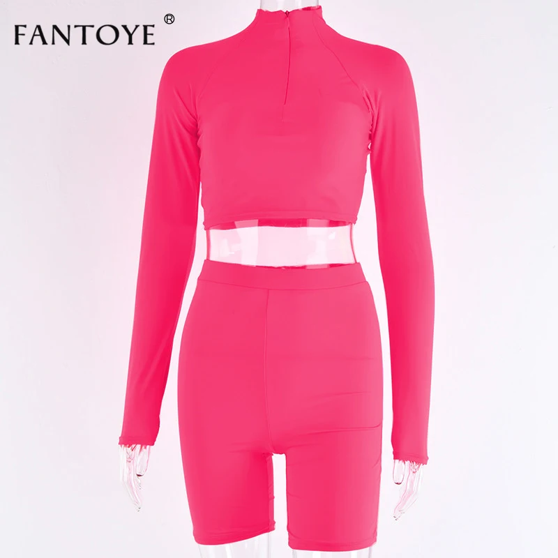 Fantoye Two Piece Set Fluorescent Green Top Shorts Suit Sexy Turtleneck Long Sleeve Bodycon Sport Suit Casual Femme Tracksuit