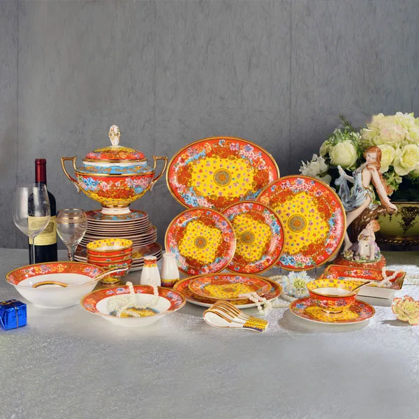 69 pieces orange lucky and joyous design porcelain dinner set, famous