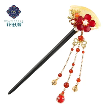 

Ethnic Tassel Handamde Pendant Hair Sticks Colored Glass Flower Red Stone Glass Bead Black And Ebony Female Accessories FZ-18101
