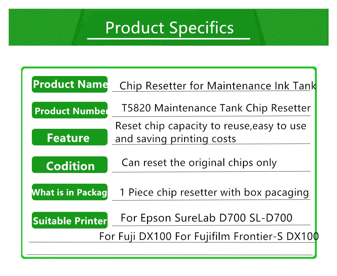 T5820 ремонтный резервуар чип ресеттер для Epson SureLab D700 SL-D700 для Fujifilm DX100 Fuji DX100 отработанные чернила резервуар чип восстановление