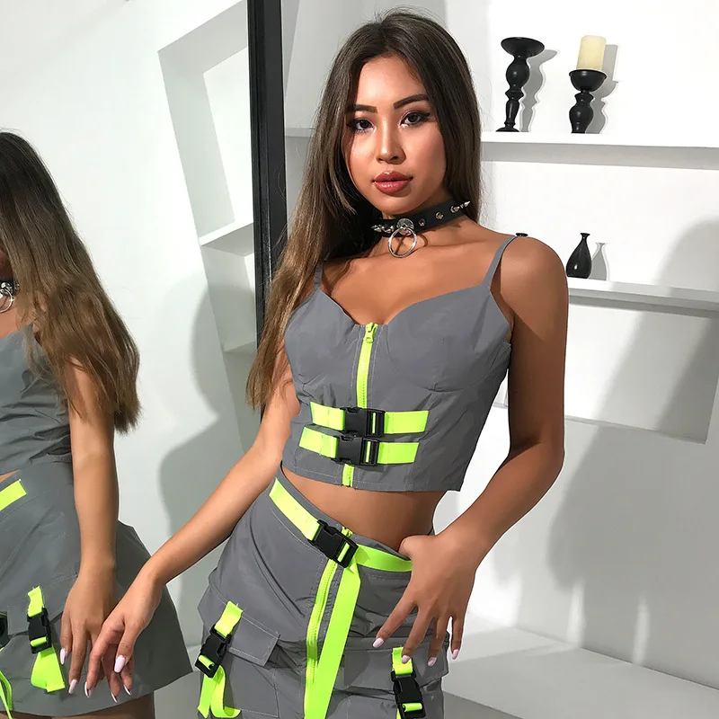 

Gray Reflective Suit for Women Outfits Matching Neon 2 Piece Set Club Strapless Short Crop Top and Skirt 2019 Summer Clothing