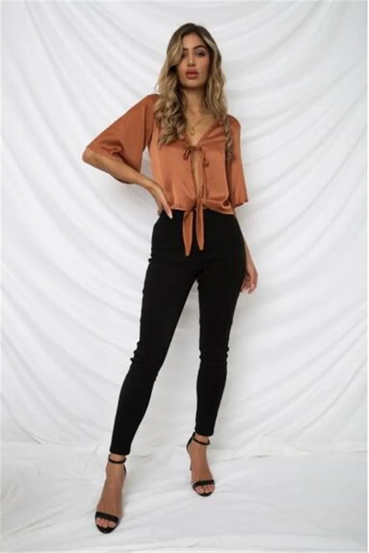 

Sexy V Neck Top for Women Brown Silk Front strap Top Blouse Flare Sleeve Womens Sexy Top Blouse