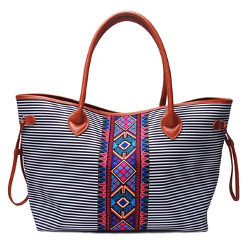 

Wholesale Multi Black/white Serape Tote With Pu Trims, Large Casual Canvas Stripes Prints Tote With Snap Closure DOM1091167