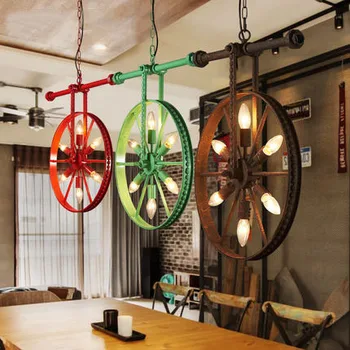 

Vintage Iron Water pipe pendant lights. Creative Bicycle Wheel suspension lamp. Industrial LOFT restaurant bar lights deco art