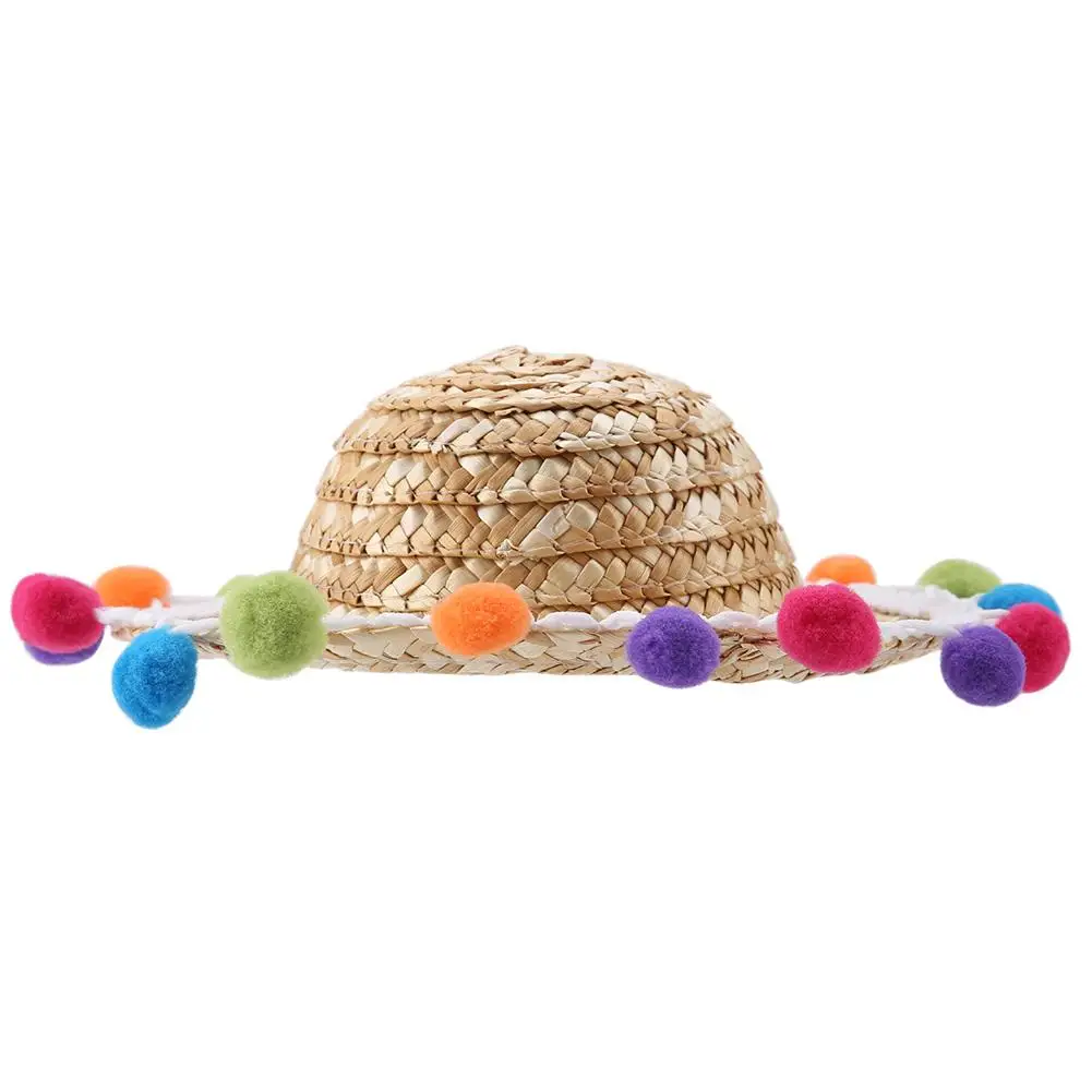 Новые собаки кошки мини широкие поля, из соломы Sombrero шляпа от солнца с маленькими цветными шариками пляжные вечерние соломенные шляпы Декор