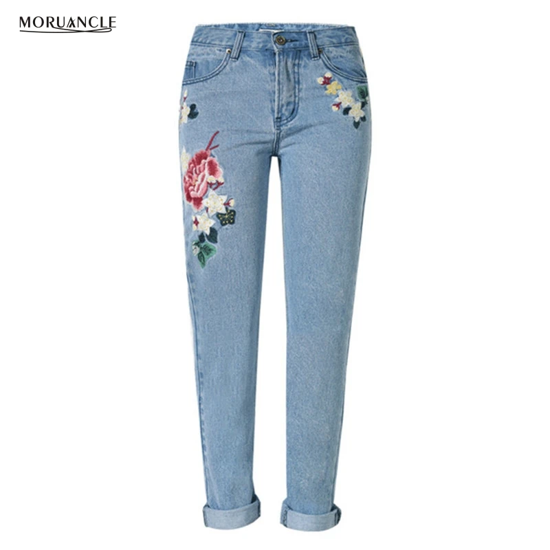 MORUANCLE 2017 New Fashion Womens Embroider Jeans Pants Washed Straight Female Denim Trousers With Flower Embroidery
