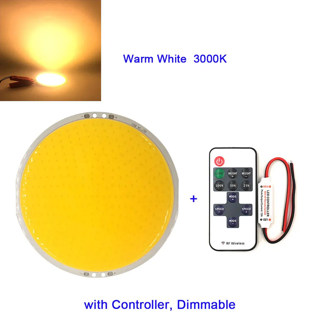 DC12V затемнения круглый COB светодиодный светильник Панель светильники 12V 50W Светодиодный лампа с диммером Синий Теплый Холодный белый Цвет Алюминий плата COB 108 мм - Испускаемый цвет: WW RC