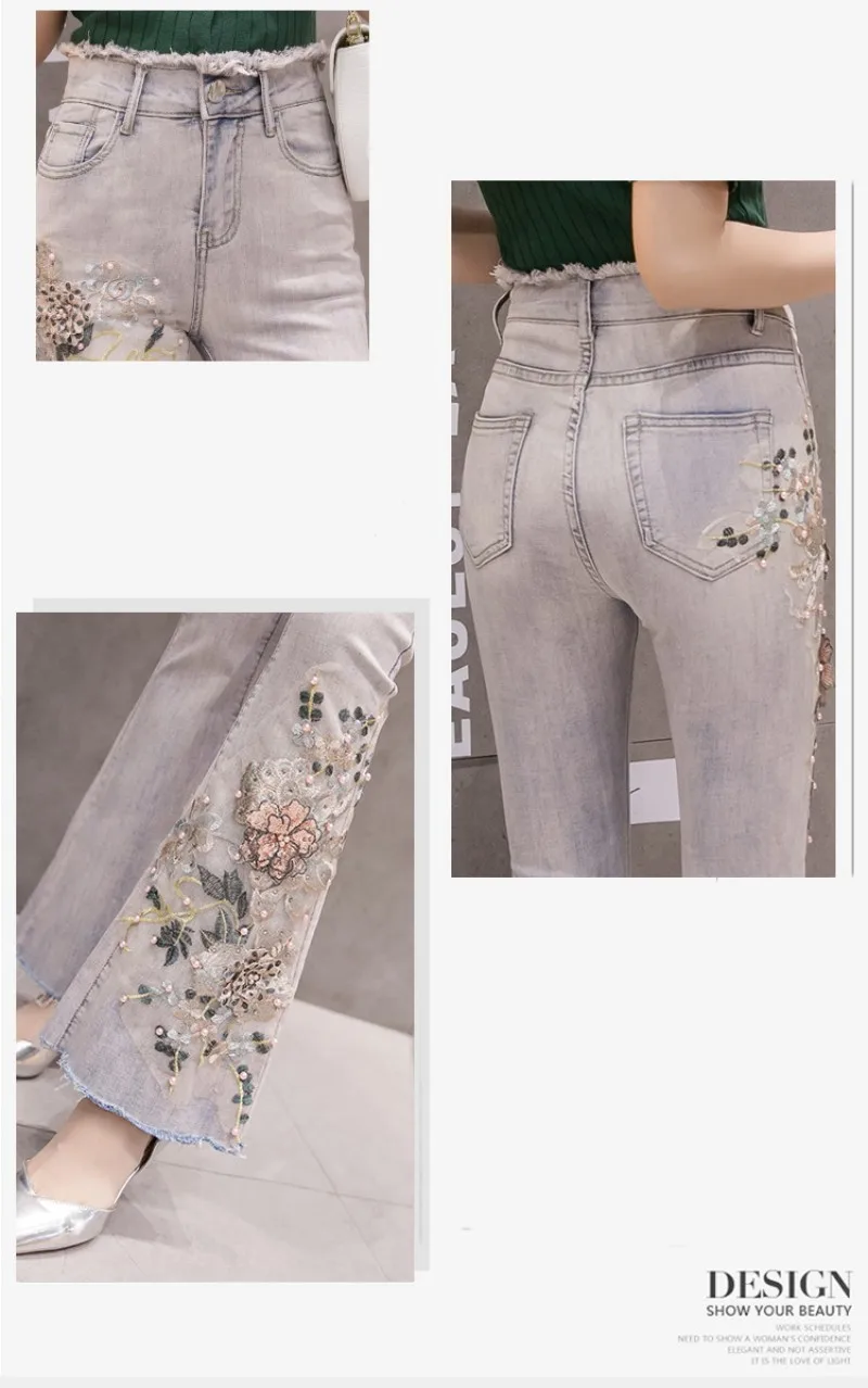 Женские джинсы эластичные с высокой талией 3D Цветочная Вышивка Аппликации жемчуг Длинные повседневные женские брюки джинсовые обтягивающие джинсы расклешенные брюки