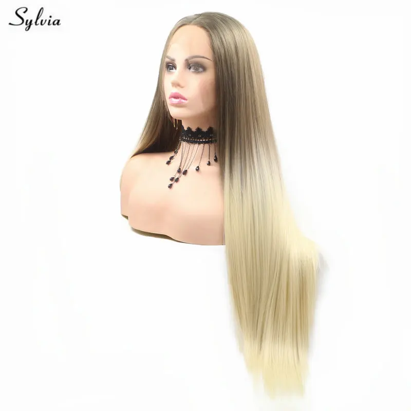 Sylvia синтетический парик фронта шнурка шелковистая прямая Ombre блондинка парик для вечерние партии средняя часть косплэй