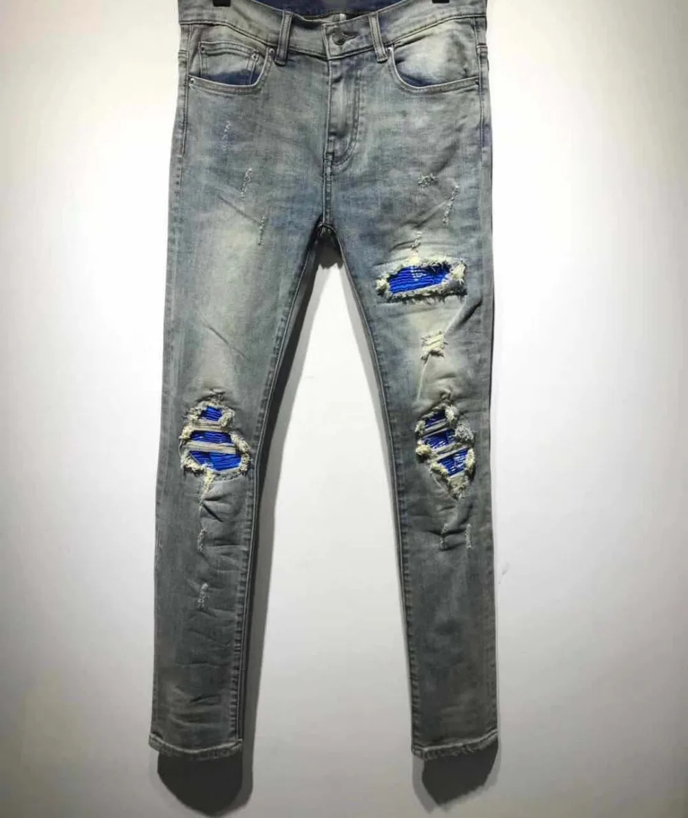 Discounted men blue bandana ribbed patch distressed skinny jeans blue