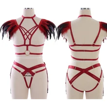 Полный нательная обвязка нижнее белье набор для женщин бюстгальтер с перьями пояс подвязка в готическом стиле эластичный ремень для регулировки Хэллоуин фестиваль танцевальная одежда в стиле рейв