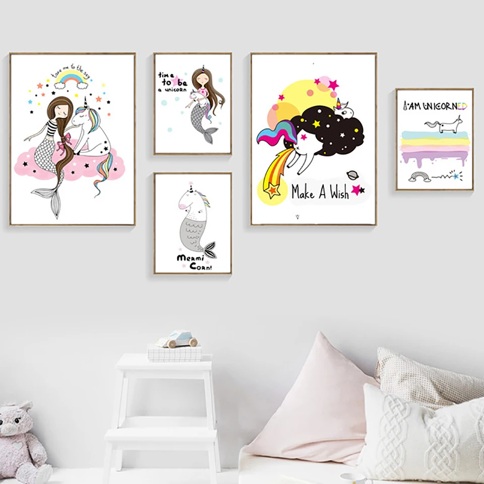 Cartoon-Unicorn-Mermaid-Rainbow-nube-estrella-Wall-Art-pintura-lienzo-n-rdico-carteles-e-impresiones-im.jpg_640x640