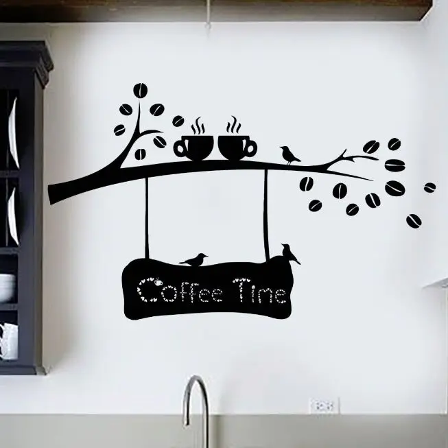 

Vinyl Wall Decal Coffee Beans Branch Wall Sticker Coffee Time Wall Art Mural Coffee Cup Birds Cafe Door Window Decoration AY904