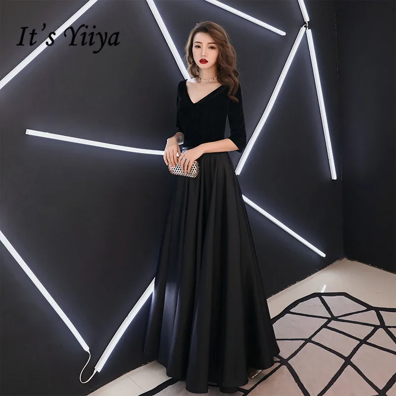 It S Yiiya Evening Dress Black V Neck A Line Simple Formal Dresses Short Sleeve Backless Party Gown For Women E056 Evening Dresses Aliexpress