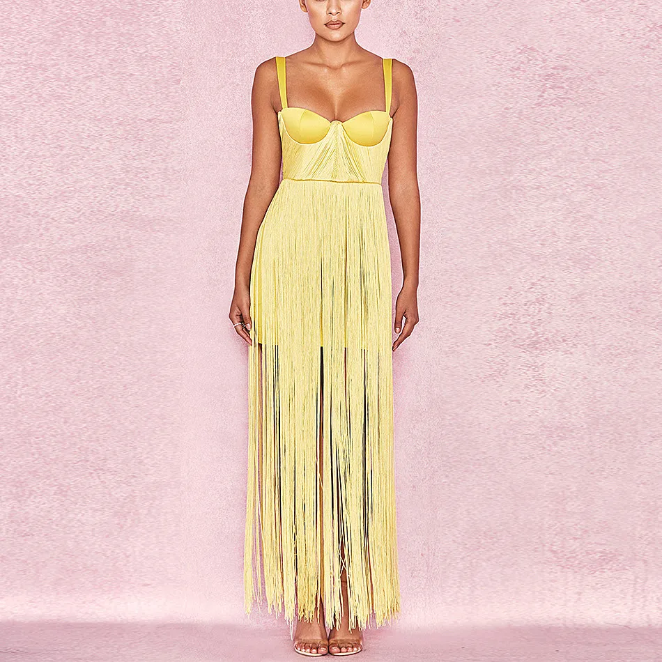 Halinfer 2018 New summer women dress sexy bodycon strapless tassel bandage dress celebrity party yellow pink red dresses vestido Dresses