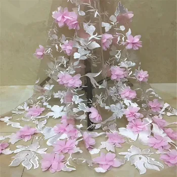 

African 3d Lace Fabric Pink 2018 high quality Nigerian lace fabric French Tulle Lace Fabric For Wedding Dress HJ1414-1