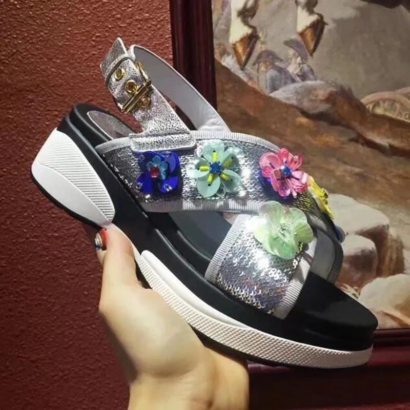 

Newest handwork design Rhinestone Wedge Women Sandals Summer Vintage Beach flats slippers 6 cm creepers platform shoes women