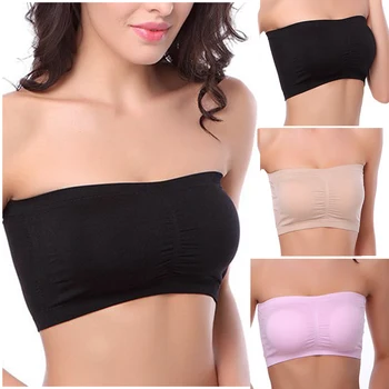 

Womens Plus Size S-2XL Strapless Padded Bra Bandeau Tube Top Removable Pads Seamless active bra