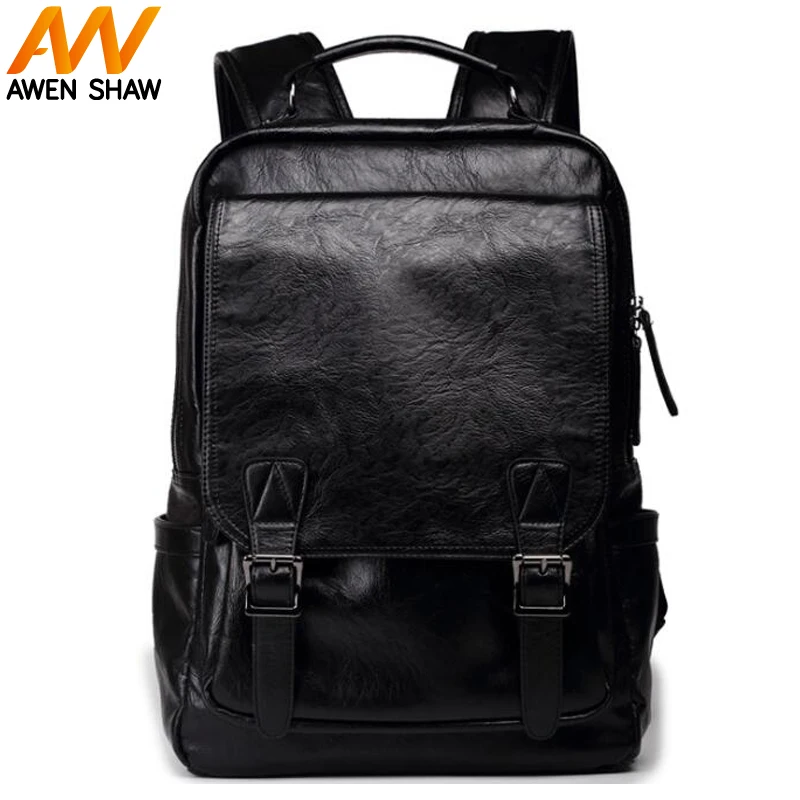 

AWEN SHAW Fashion Trend Mens Laptop Backpack Student Book Backpack With Buckle PU Leather Bag Large Capacity Men Travel Bag Pack