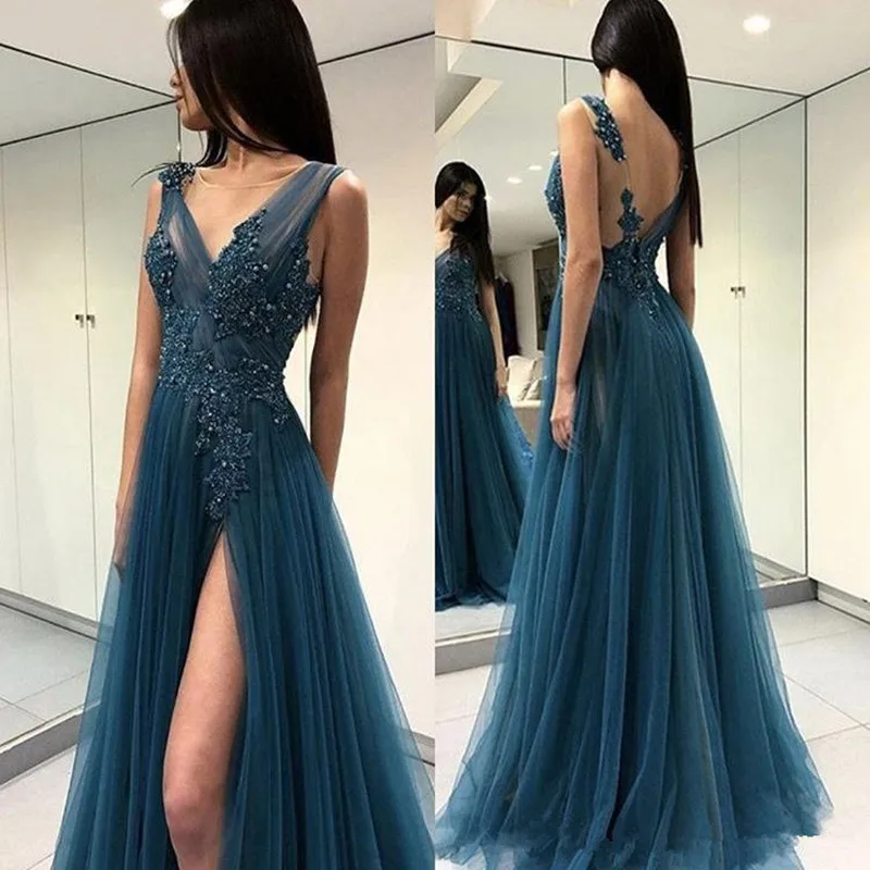 Sexy evening dresses with Slit Long Prom Dresses Special Occasion Gowns Appliques Beading Formal Party Dress vestido de festa