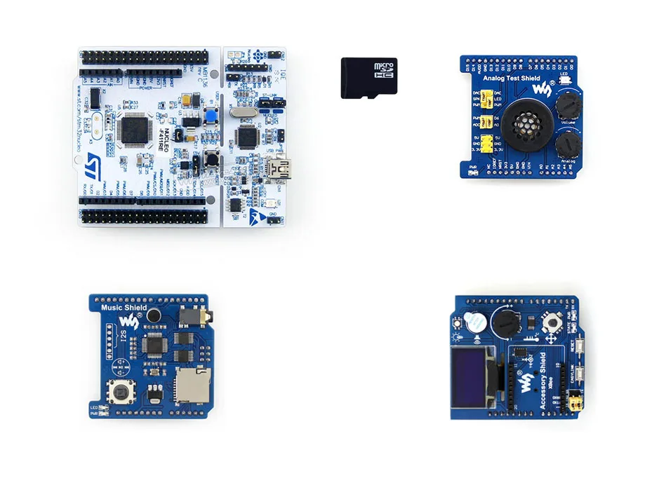 

NUCLEO-F411RE Package B = ST official NUCLEO-F411RE Development Kit+ Accessory Shield +Analog Test Shield +Music Shield