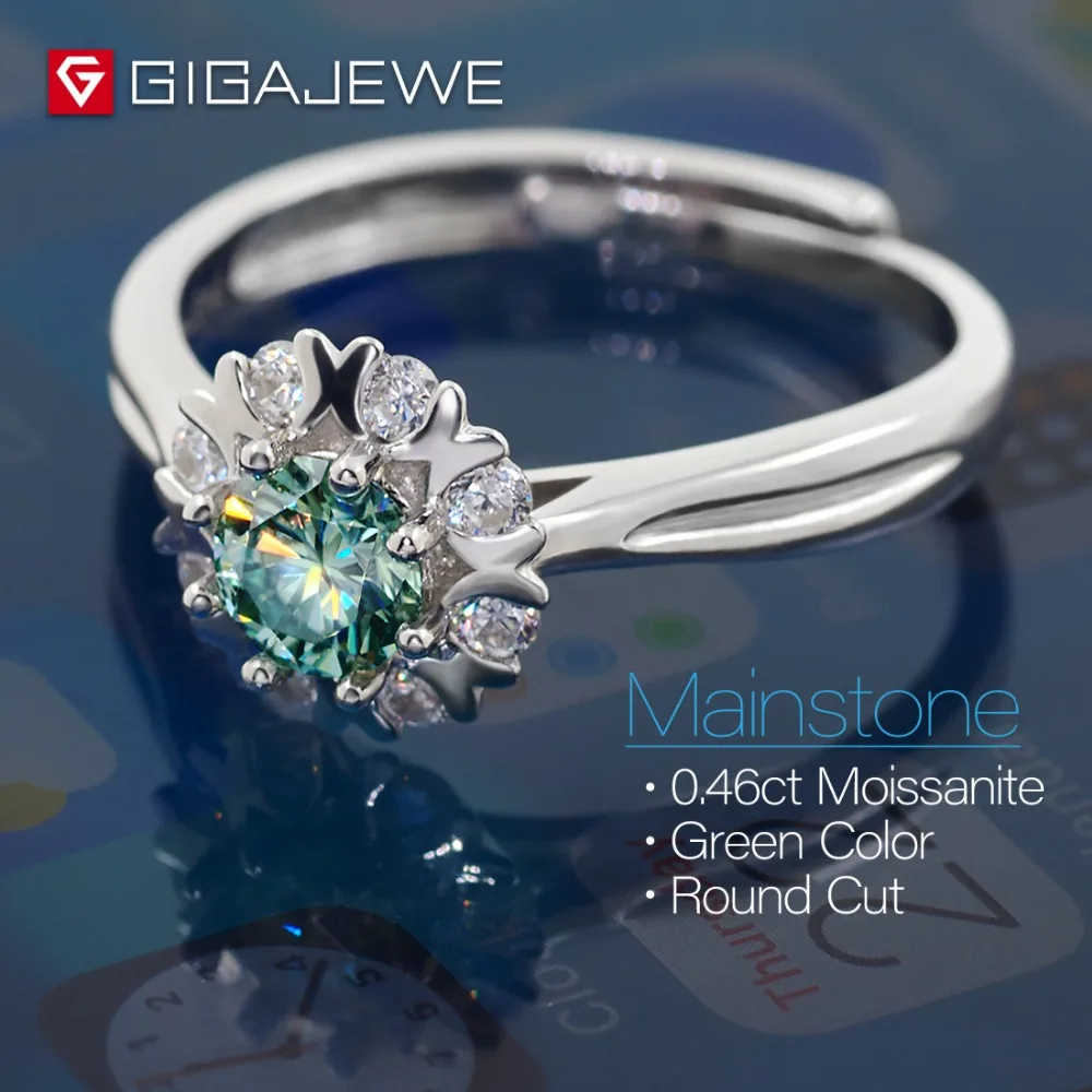 GIGAJEWE Moissanite кольцо 0.4ct 5 мм круглая огранка Зеленый Цвет 925 Серебро Золото многослойное покрытие модный символ любви подарок подруге