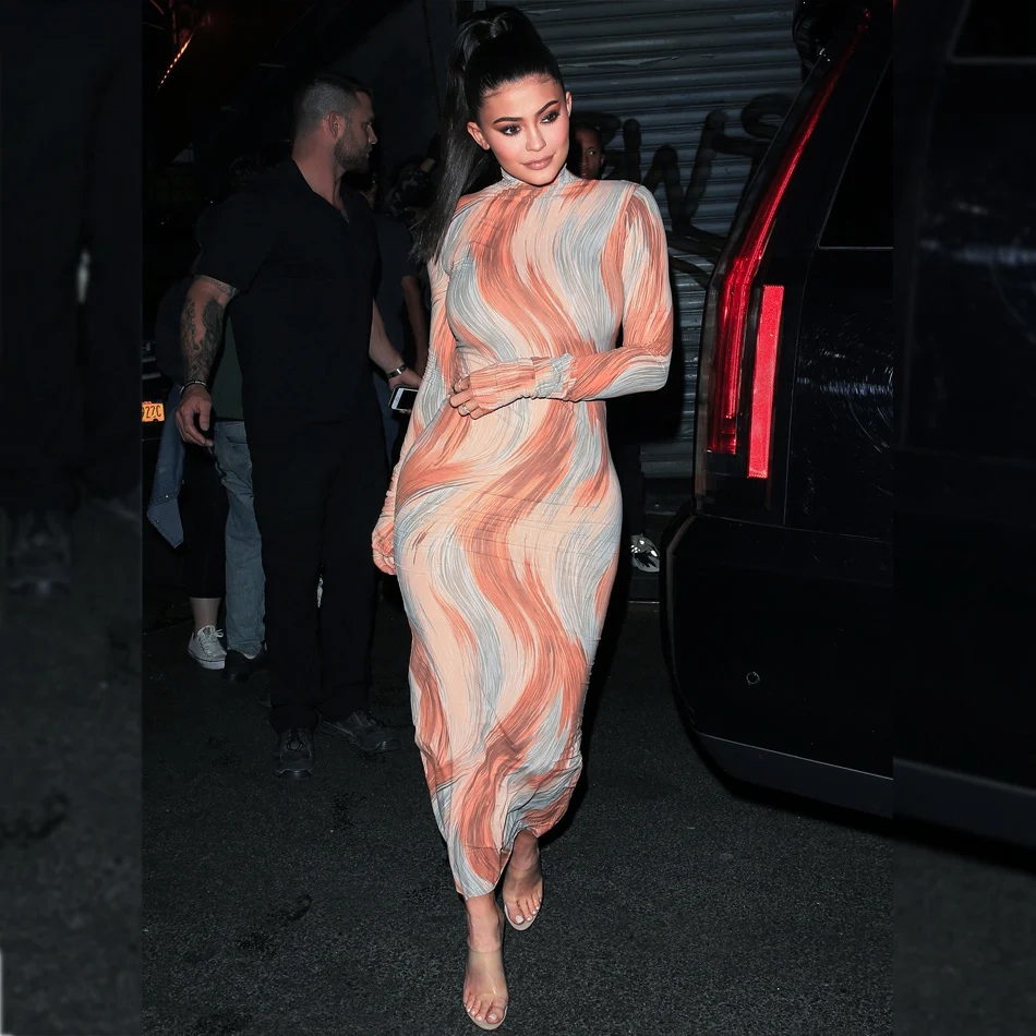 Женское платье макси с длинным рукавом KylieJenner потрясающее вечернее графическим