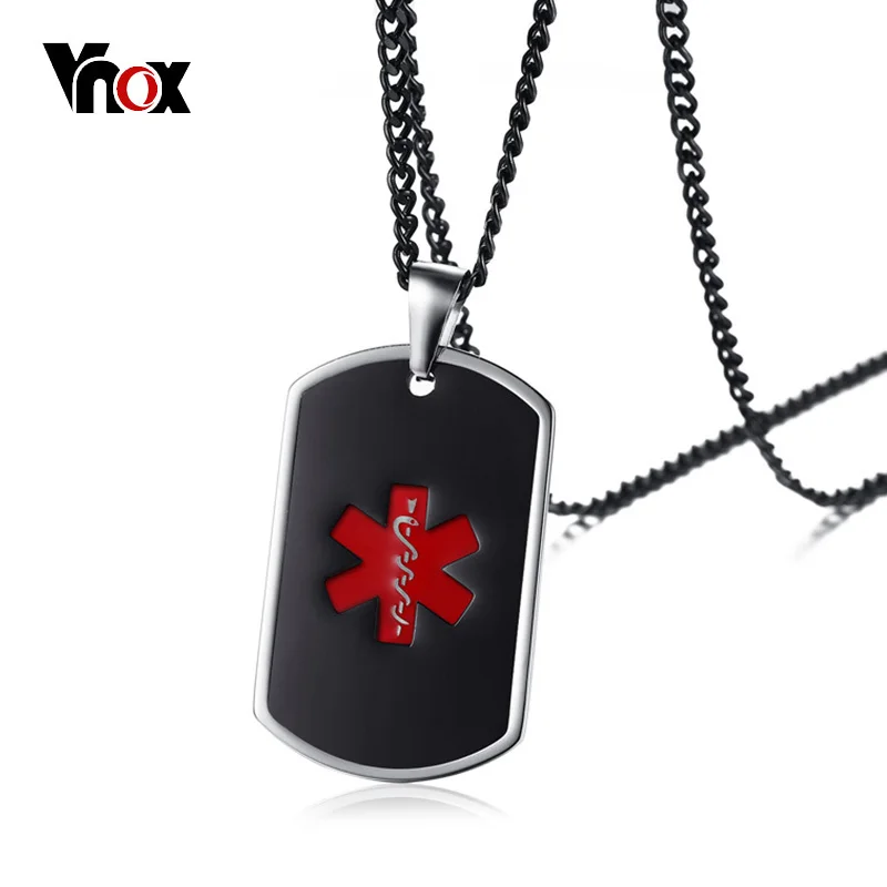 Vnox Black Medical Alert ID Unisex Pendant Necklace Emergency Stainless