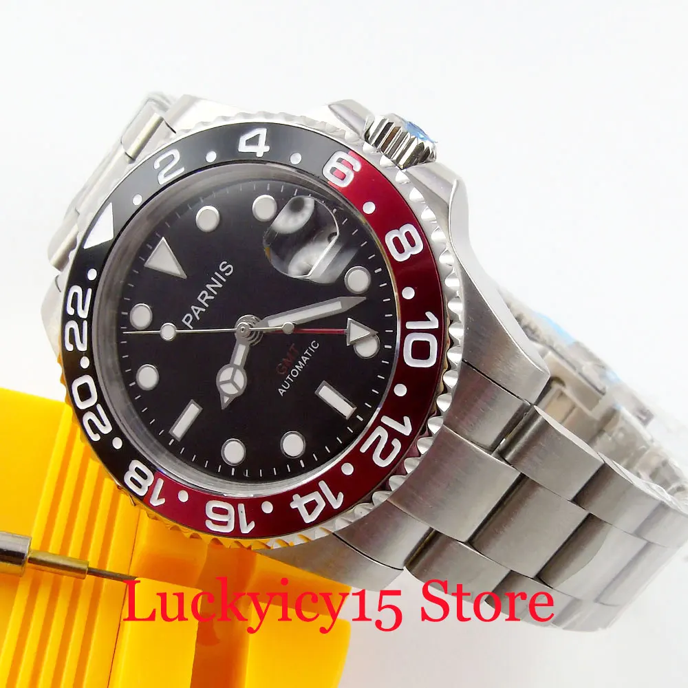 

PARNIS 40mm GMT Function Black Red Bezel Stainless Steel Bracelet Auto Date Sapphire Glass