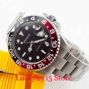 

PARNIS Men Automatic Watch 40mm GMT Hand Black Red Bezel Stainless Steel Bracelet Auto Date Sapphire Glass