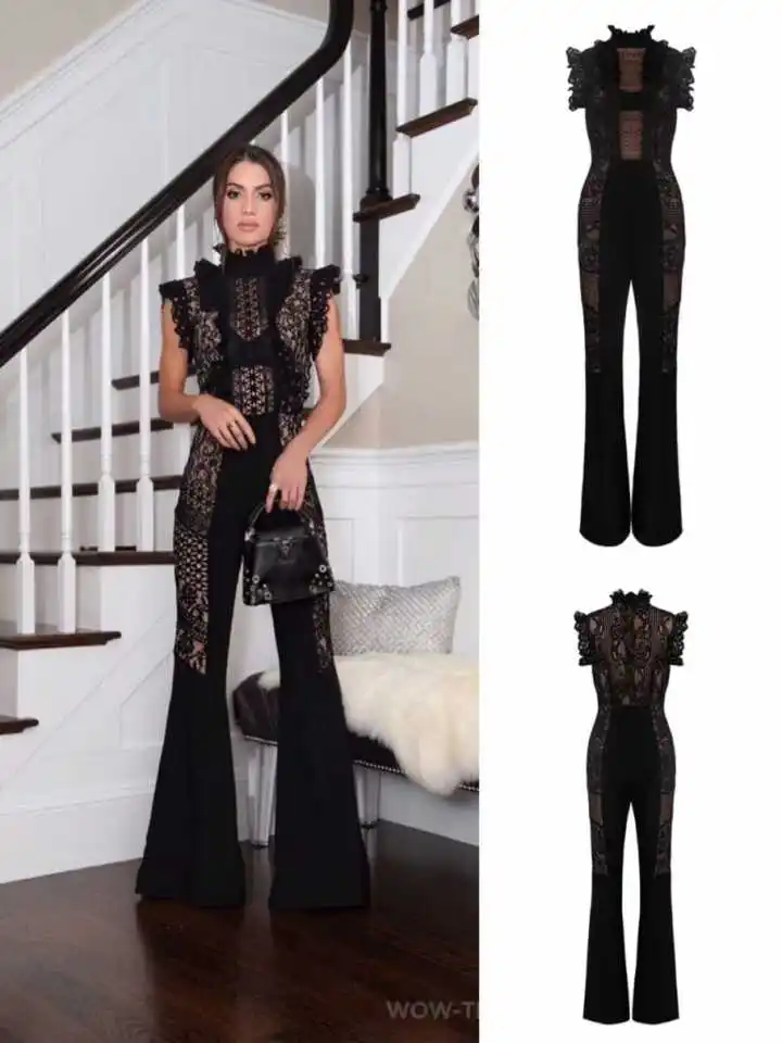 

2018 new fashion Black Turtleneck lace Sleeveless Women summer sexy Bandage Jumpsuit Knitted Full Length jumpsuits