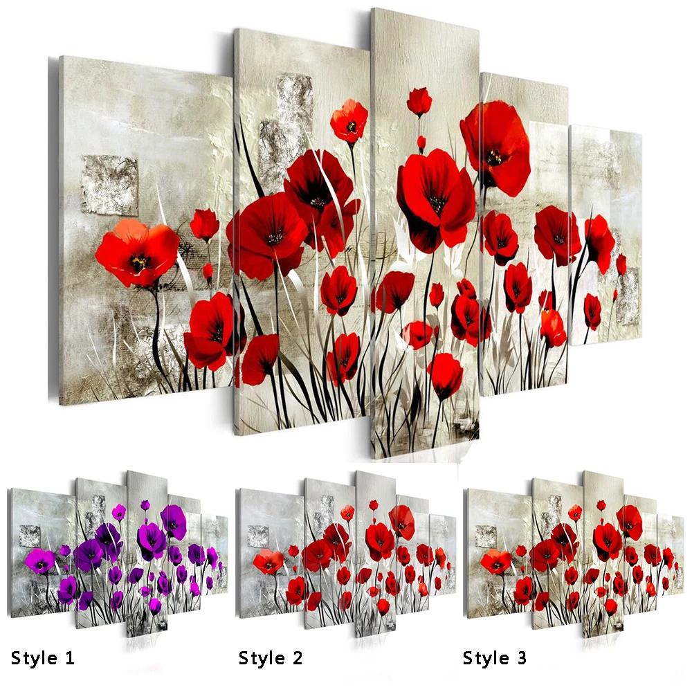 Billig 5 teile satz Rot Pruple Mohn Blume Kunstdruck Rahmenlose Leinwand Malerei Wand Bild Home Dekoration, wählen Farbe Und Größe Keine Rahmen