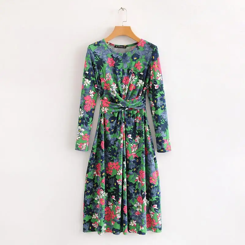 

2018 Spring New Women Casual Floral print Prairie Chic Green dresses Long Sleeve High Waist Midi dress Femme vestidos#N230