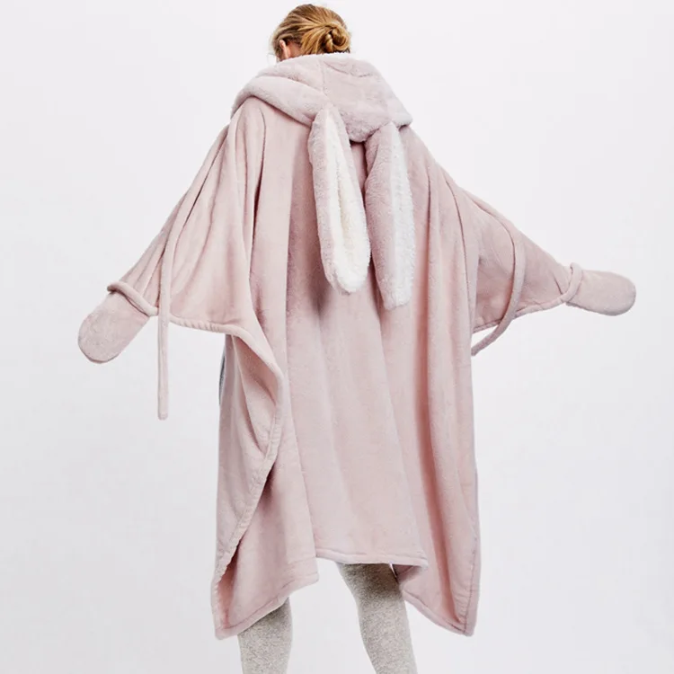 Милое розовое удобное одеяло, толстовка, зимнее теплое Флисовое одеяло с капюшоном и заячьими ушками для взрослых и детей, одежда для сна, большое одеяло для кровати s - Цвет: Розовый