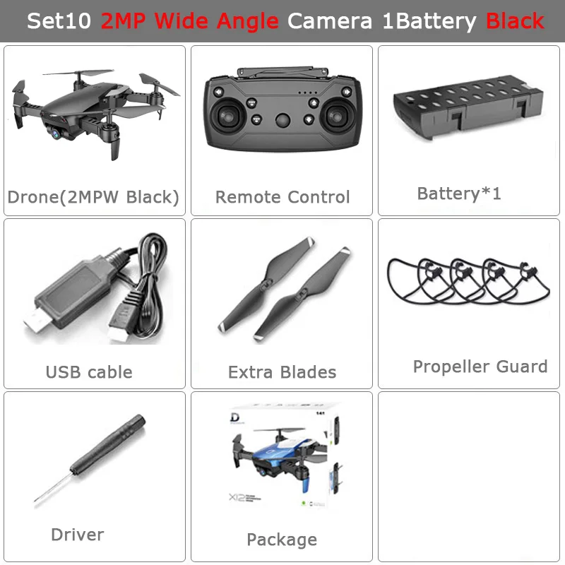 X12 Радиоуправляемый Дрон с 0.3MP/2MP широкоугольной камерой Wi-Fi FPV Радиоуправляемый Дрон один ключ возврат высоты RC Квадрокоптер VS XS809S XS809HW - Цвет: Set10 2MPW 1B Black