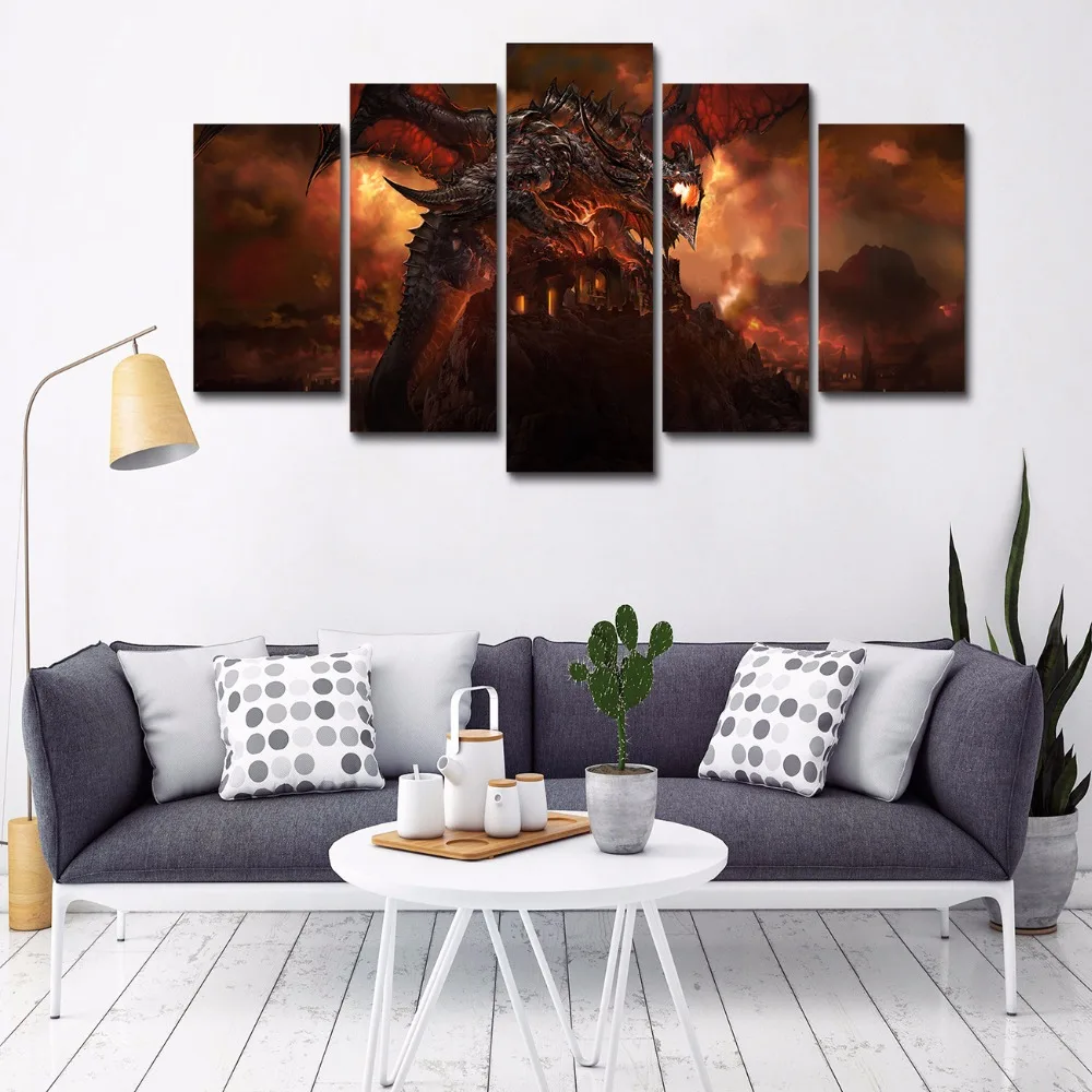 HD печать 5 шт Deathwing Dragon Fire Sky World of Warcraft постер холст картина детский Декор Холст