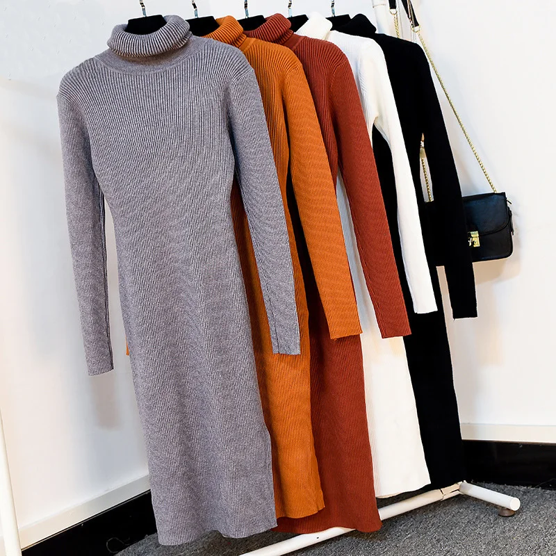 

2018 Turtleneck Women Long Sleeve Sweater Dress Female Casual Sheath Knitted Dress Woman Midi Bodycon Thick Autumn Winter Dress