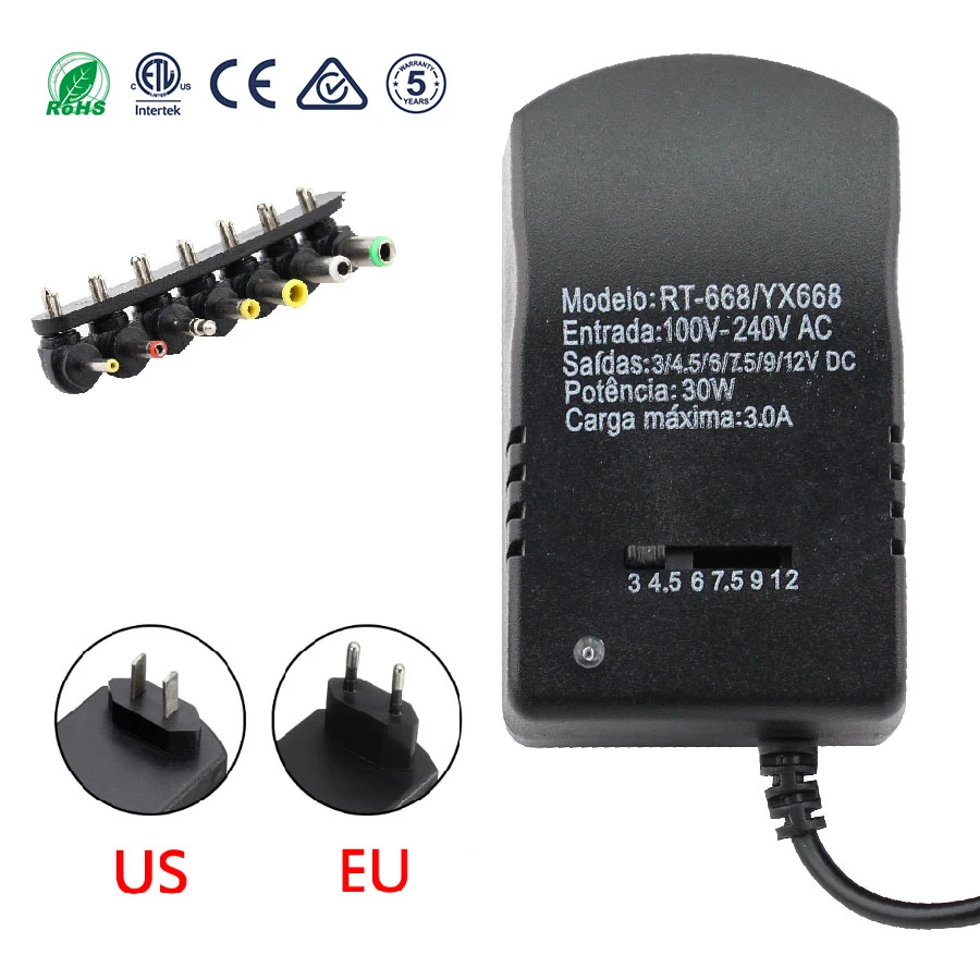 

Universal power adapter Multi Voltage 3v 4.5v 6v 7.5v 9v 12v Power Supply Adapter Converter Cable 7 Plugs adapters 3A 30W