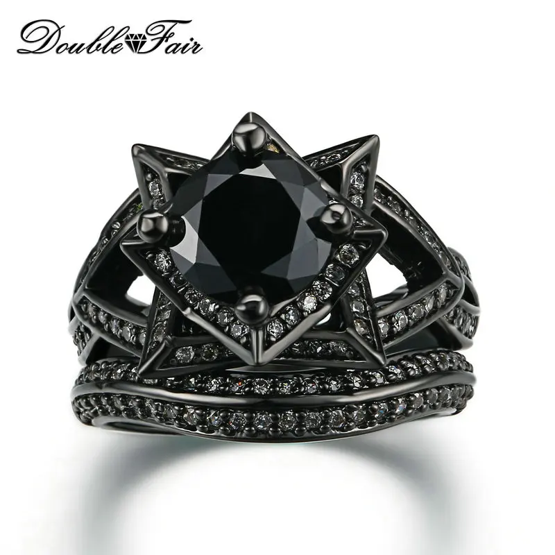 

Double Fair Brand Black Nano Cubic Zirconia Rings Sets Black Gold Color Fashion Party Crystal Punk Ring For Women Jewelry DFR622
