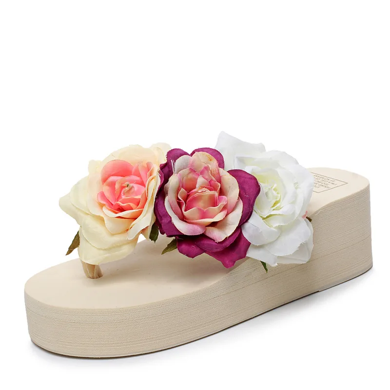 

2016 Fashion Sweet Flower Woman Beach Flip Flops Summer Sandals Thick Sole Platform Slippers Sandals Casual Slides